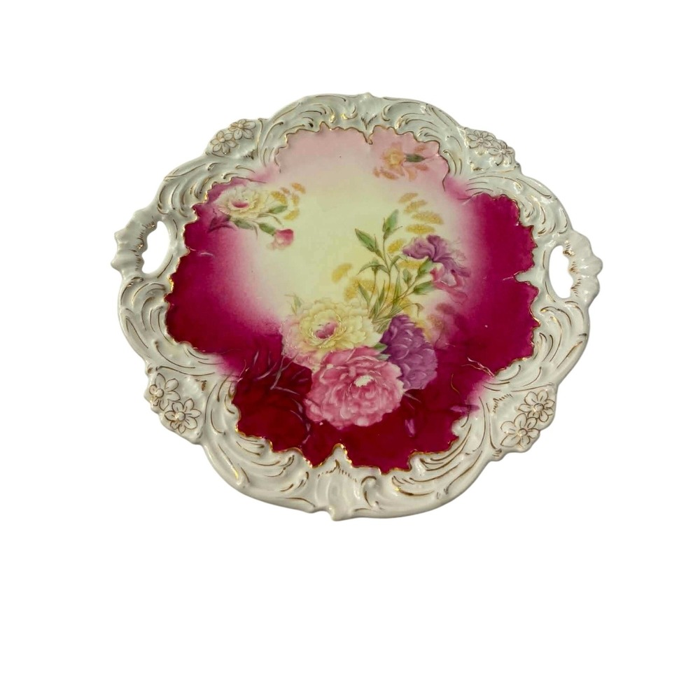Vintage CPT Germany Porcelain Cake Plate 10in Pink Floral Gold Gilt Handled